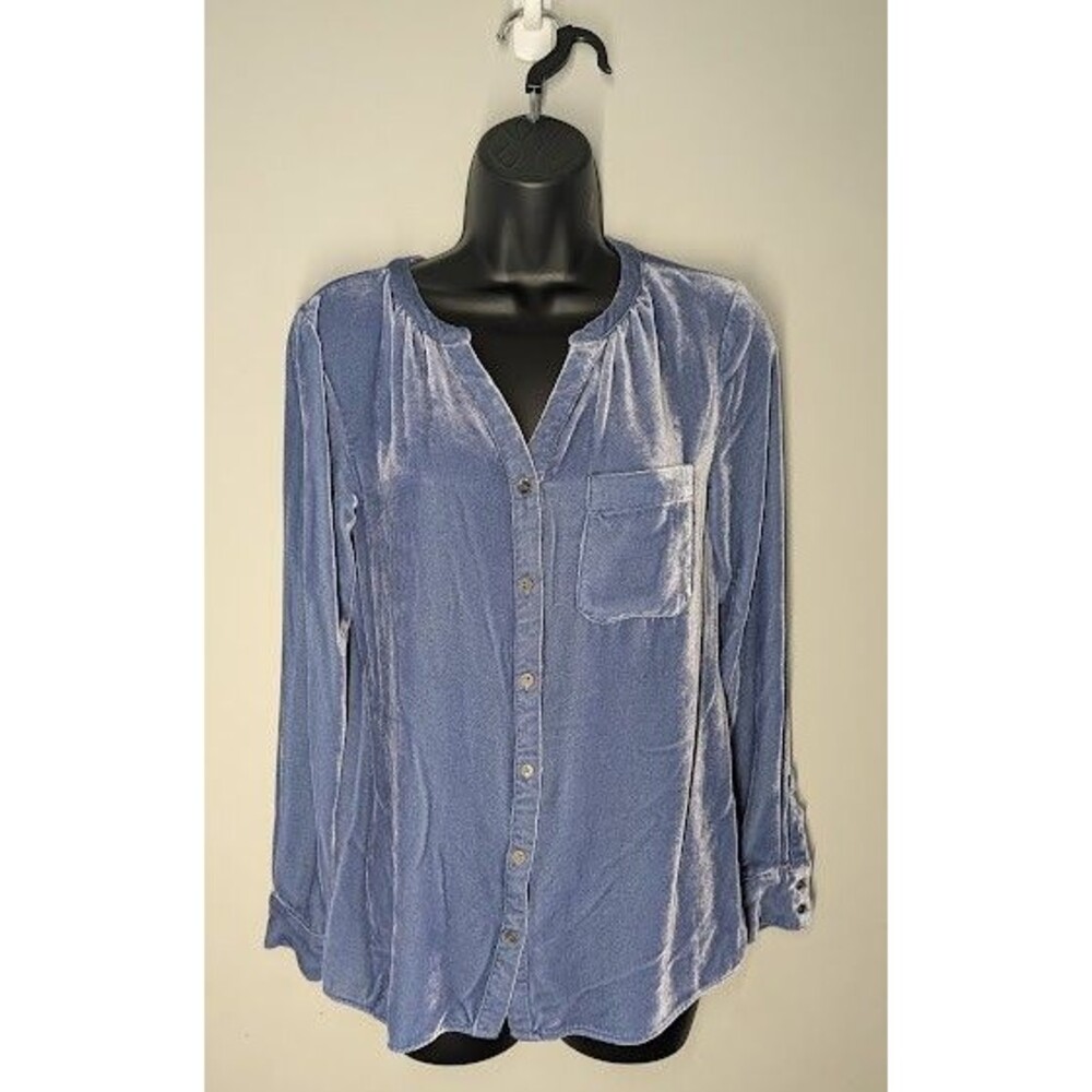 Sundance Women’s Top XS Blue Velvet Rayon Silk Blend Long Sleeves Button Front